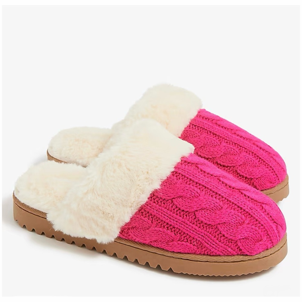 J. Crew Slippers Pink Cable Knit Fur Slippers Size 7 8 9 NWT - Picture 2 of 16